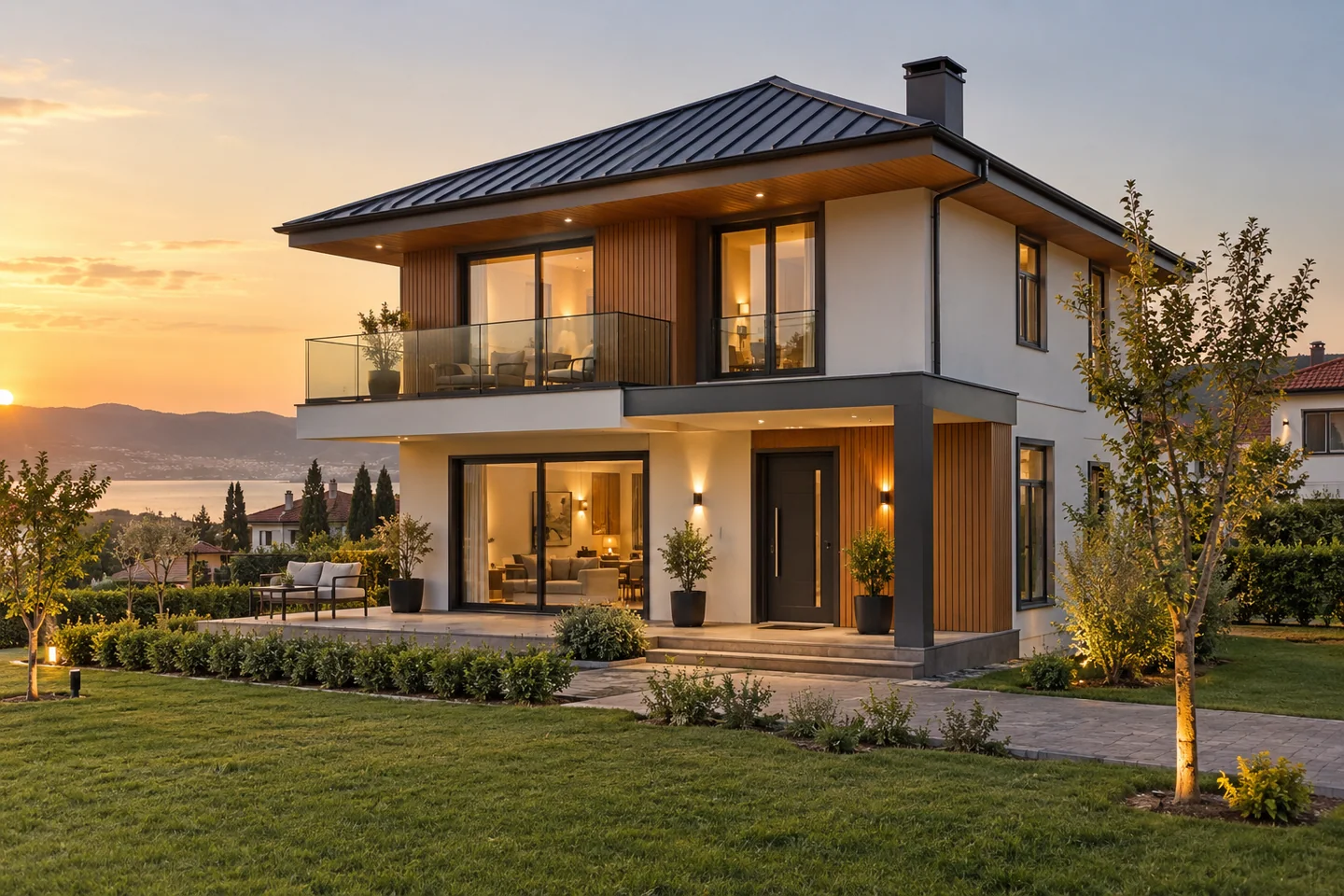 Gün batımında modern iki katlı çelik villa