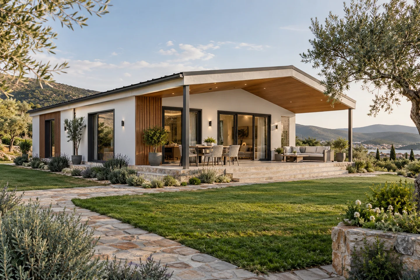 Bahçe içinde modern tek katlı prefabrik ev